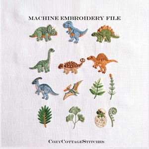 May include: A machine embroidery file featuring a collection of colorful dinosaur designs and prehistoric plants stitched on white fabric. The set includes various species like a triceratops, T-Rex, and pterodactyl, alongside ferns and a hatching egg.