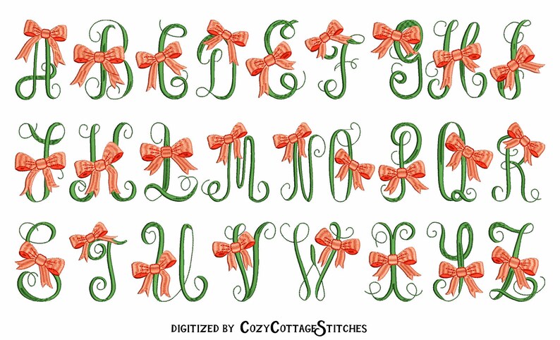 May include: An alphabet of cursive letters with a green outline and a peach-colored bow on each letter. The letters are in a decorative font with swirls and loops.