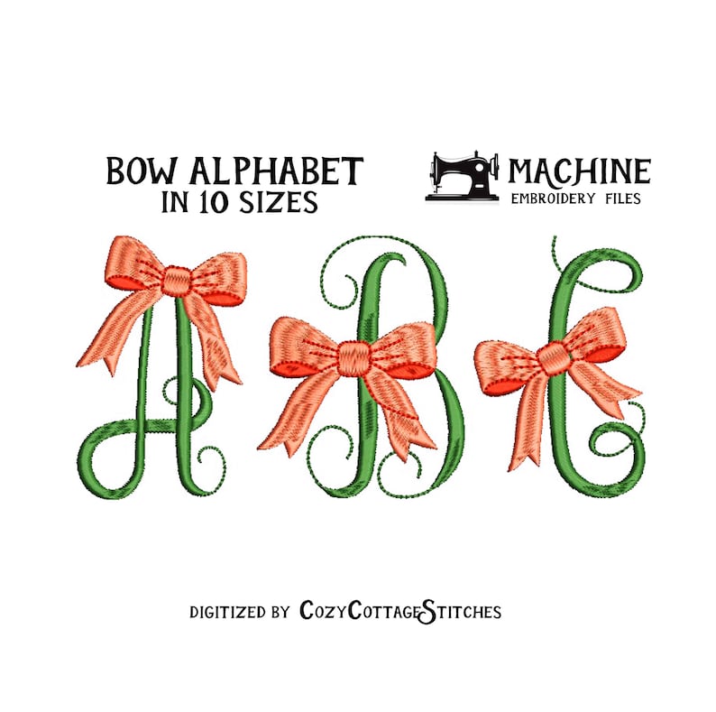 Coquette Bow alphabet ABC uppercase letters embroidery file digital design hand embroidery look instant download jef pes vp3 hus dst exp brother cheap