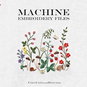 Stickdatei „Wildblumenwiese“. Waldpilz, Schnecke, Motte, Maus, Himbeere, Erdbeere, Blumenmuster.