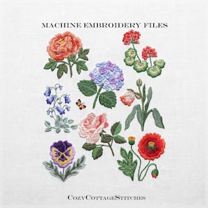 May include: Machine embroidery files featuring a collection of colorful floral designs including a peony, hydrangea, bluebells, pansy, rose, poppy, and geranium, with a small butterfly, labeled MACHINE EMBROIDERY FILES and COZYCOTTAGESTITCHES.