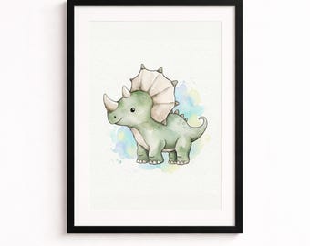 Impresión artística de pared con diseño de dinosaurio en acuarela para habitación infantil y decoración de habitación de bebé.