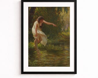 Lámina artística vintage de ninfa enmarcada, póster de pintura al óleo clásica, elegante mujer junto al río.