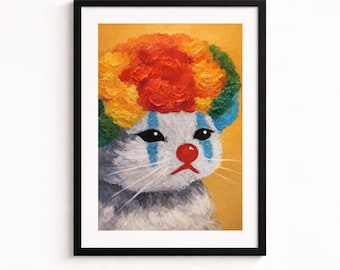 Cuadro decorativo de gato payaso triste enmarcado – Impresión colorida estilo pintura al óleo con meme