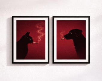 Juego de 2 impresiones de arte mural de gato y perro negro: póster minimalista en color burdeos