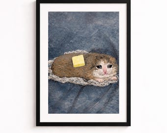 Arte mural con meme de gato triste con mantequilla: ilustración de un gato melancólico en acuarela
