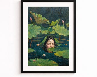 Cuadro surrealista de nenúfares, póster de mujer melancólica en un estanque, decoración botánica moderna y oscura.