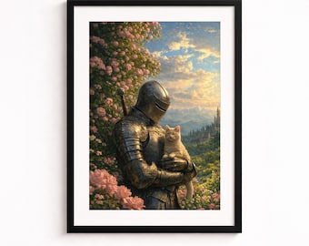 Arte mural de caballero y gato: ilustración de paisaje de fantasía romántica