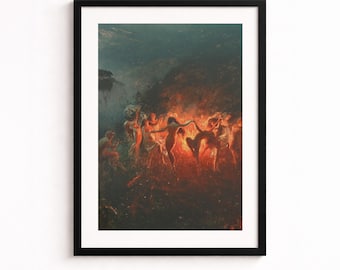 Danza del Fuego enmarcada por Joseph Tomanek, Arte de Brujas Míticas, Póster de pared de estilo Dark Academia