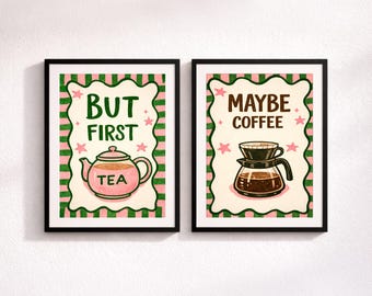 Juego de pósteres "Pero primero, té, tal vez café", juego de 2 impresiones artísticas para pared de cocina