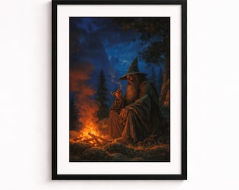 Lámina artística "Mago junto a la fogata" - Decoración de pared de bosque de fantasía oscura
