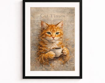 Impresión de pintura de gato naranja sobre café con periódico