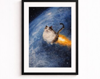 Arte mural de gato cohete espacial: ilustración caprichosa de meme en acuarela