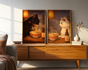 Juego de pósteres con cita de gato para la cena de ramen/Decoración de pared de estilo japonés/¡Juego de 2!