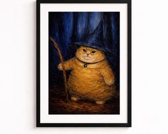 Arte mural de gato mago: ilustración de gato estilo pintura al óleo de fantasía