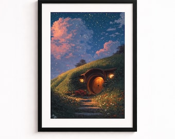 Lámina artística "Casa de la Colina de Fantasía Acogedora" - Decoración de pared de cabaña mágica - Paisaje nocturno estrellado