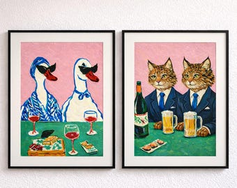 Díptico de patos y gatos en el comedor: arte mural de animales peculiares (juego de 2)
