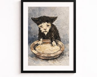 Arte mural con meme de gato triste: ilustración de acuarela de un animal melancólico