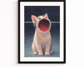 Arte mural con meme de gato gritando: Impresión dramática de acuarela con ilustración de mascota