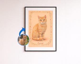 Ilustración de retrato de mascota personalizada, póster de gato pintado a mano, arte mural personalizado para mascotas