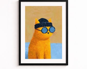 Lámina artística enmarcada de gato negro y pez rojo.