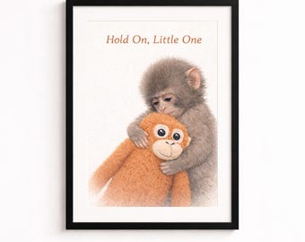 Impresión artística de pared para guardería "Agárrate, pequeño", mono emocional