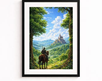 Arte mural del castillo de caballeros: impresión con ilustración de paisaje de fantasía brillante