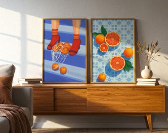 Citrus Kitchen Prints Set Of 2– Retro Orange Fruit Illustration