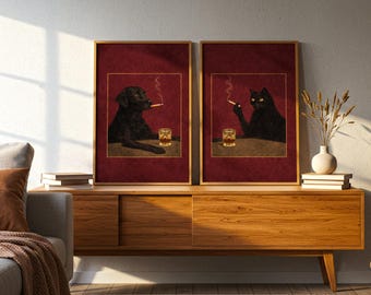 Después de medianoche – Arte mural de perro y gato fumando, póster vintage negro (juego de 2)