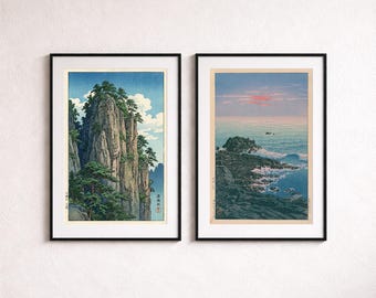 Conjunto de 2 impresiones de paisajes japoneses, arte mural vintage de montaña y paisaje marino estilo Ukiyo-e.