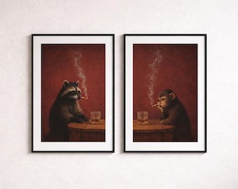 Juego de 2 cuadros de mapache y mono fumando de mal humor