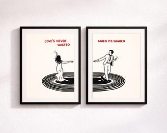 Juego de 2 impresiones de arte de pared con citas de amor: ilustración minimalista de pareja