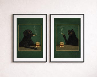 After Midnight – Arte mural de perro y gato fumando, póster vintage negro (juego de 2) (verde)