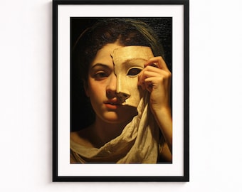 Cuadro enmarcado de mujer con máscara, póster de retrato de estilo barroco, decoración de pared con dramático claroscuro.