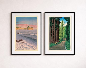 Juego de 2 impresiones de paisajes japoneses de estilo ukiyo-e vintage con paisajes costeros y forestales.