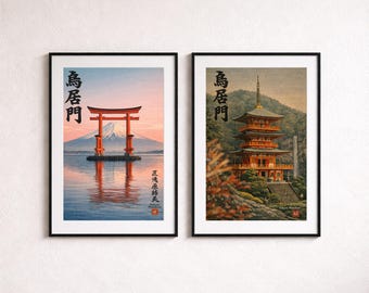 Colección Takumi Mazuhara: Conjunto de 2 impresiones de templos japoneses, puerta Torii y pagoda