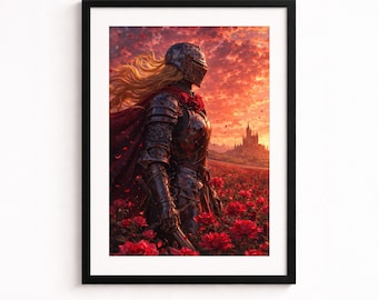 Arte mural de una caballero y una rosa: ilustración de fantasía romántica oscura