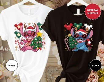 Disney Couple Santa Stitch And Angel Christmas Shirt, Stitch Couple Shirt, Stitch Holiday Shirt, Disney Christmas Shirt, Disneyland Family