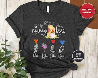 Chemise personnalisée maman ours Winnie l'ourson, chemise maman et enfant, chemise cadeau maman Winnie l'ourson, chemise ballons Winnie l'ourson, t-shirt Disney ourson