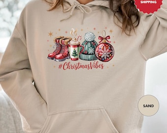 Christmas Vibes Hoodie, Womens Christmas Hoodie, Holiday Hoodie, Christmas Gift, Winter Hoodie, Womens Holiday Gift, Cute Xmas Sweater