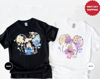 Mickey Ear Stitch and Minnie Bow Angel Couple Shirt, Disney Stitch Ear Boy Shirt, Minnie Bow Angel Girl Tee, Disney Trip Family Matching Tee