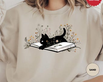 Floral Cat Book Sweatshirt, Book Lover Librarian Gift, Cat Mom Sweater, Cat Lover Gift, Bookish Sweat, Cute Cat Book Crewneck, Cat Themed