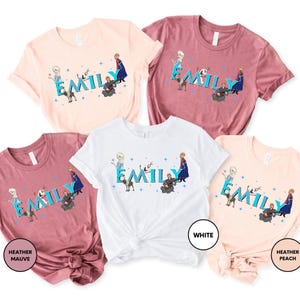 five t-shirts with the same design, featuring the name "EMILY" and various characters from the Disney movie Frozen.