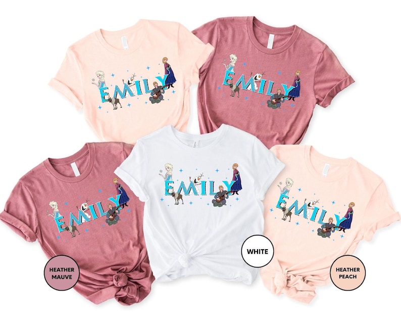 five t-shirts with the same design, featuring the name "EMILY" and various characters from the Disney movie Frozen.