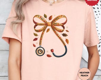 Nurse Fall Shirt, Coquette Bow Stethoscope Shirt, Autumn Graphic Shirt, Nurse Halloween Shirt, Nursing Student Shirt, Cozy Medical Worker