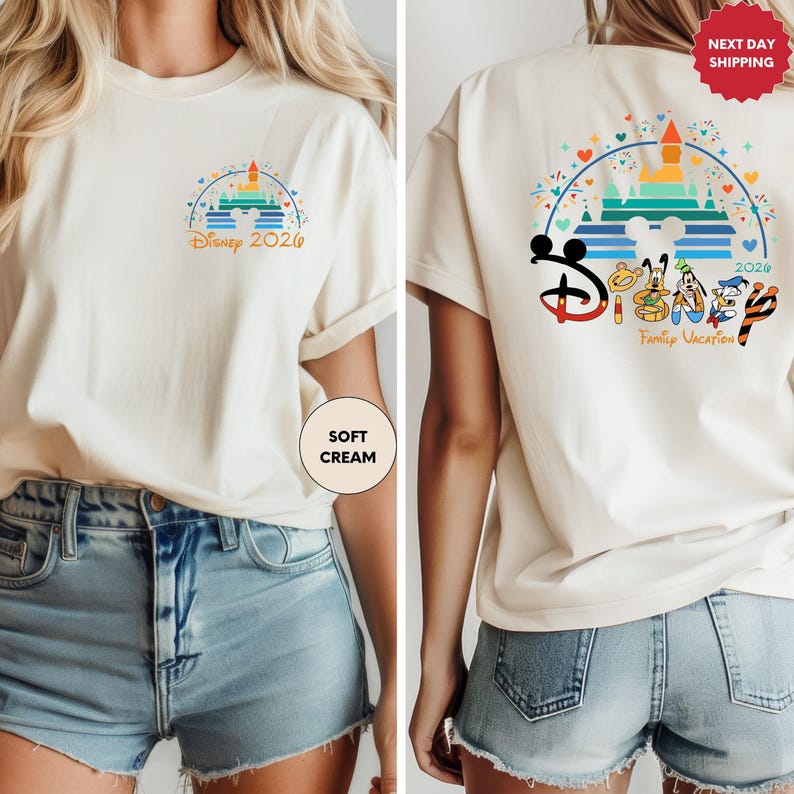 a woman wearing a white t-shirt with a Disney 2020 logo and a family vacation theme. The t-shirt has a graphic of Mickey Mouse and other Disney characters on the back.