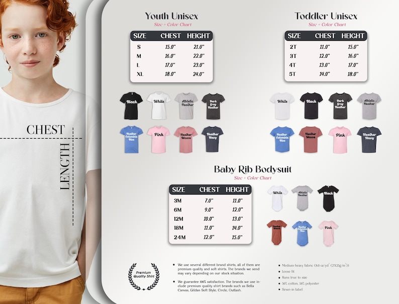 The image is a collage of various images, including a young girl with red hair, a variety of t-shirts, and a chart detailing the sizes and chest heights of different clothing items.