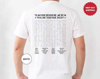 Funny Interactive, Disneyland T-Shirt, Fun Word, Search Puzzle on Back, Waiting in Line, Disneyland Ride, Disney world, Word Find, Line Game