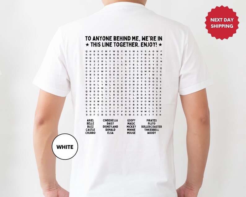 Camiseta interactiva divertida de Disneyland, sopa de letras en la espalda, espera en la fila, atracción de Disneyland, Disney World, sopa de letras, juego de fila imagen 1