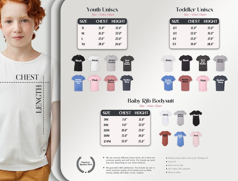 The image is a collage of various images, including a young girl with red hair, a variety of t-shirts, and a chart detailing the sizes and chest heights of different clothing items.
